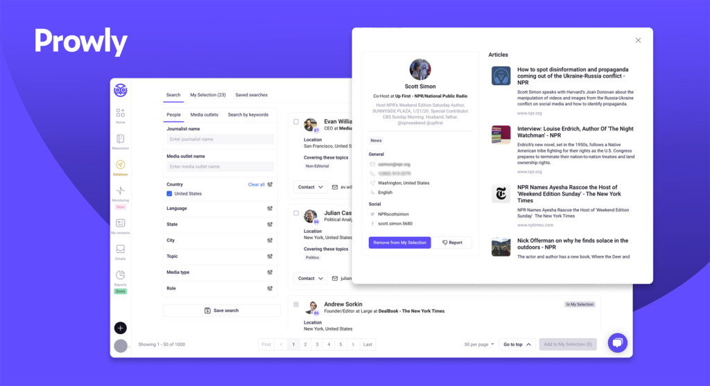 Dettagli di contatto del database multimediale di Prowly