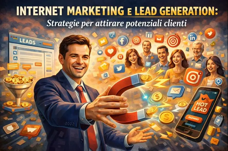 Imprenditore attira potenziali clienti usando strategie di internet marketing e lead generation, con icone di social media e contatti digitali.