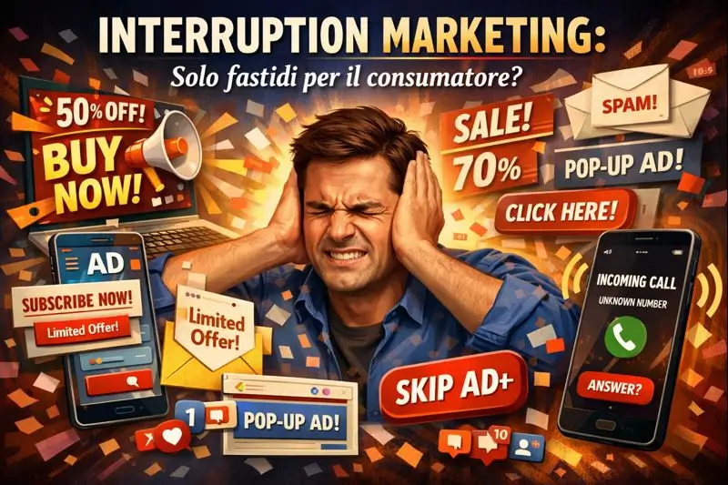Uomo infastidito da notifiche, popup e pubblicità invasive che rappresentano l’interruption marketing online.