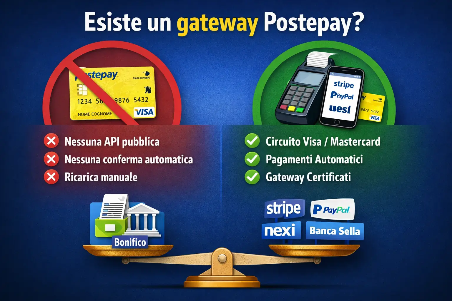 Gateway Postepay spiegazione grafica differenza tra ricarica manuale e pagamento automatico tramite circuiti Visa Mastercard