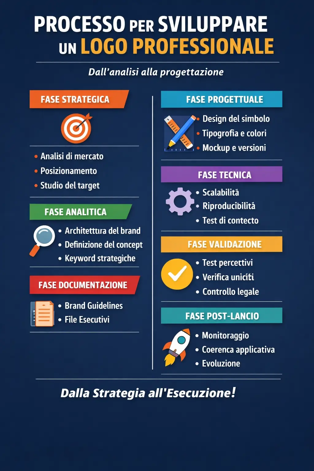 Infografica che mostra le fasi del processo professionale di sviluppo di un logo, dall’analisi strategica alla progettazione e validazione tecnica