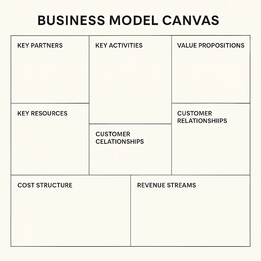 Schema vuoto del Business Model Canvas con i 9 blocchi principali per la definizione di un modello di business.
