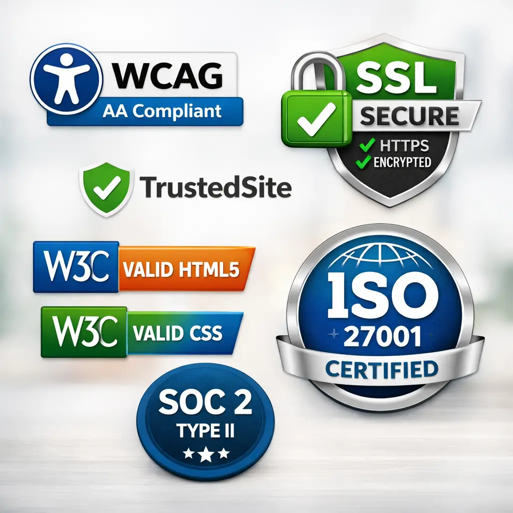 Badge di qualità per siti web con certificazioni WCAG 2.1 AA, SSL Secure, ISO 27001, SOC 2 e validazione W3C HTML e CSS